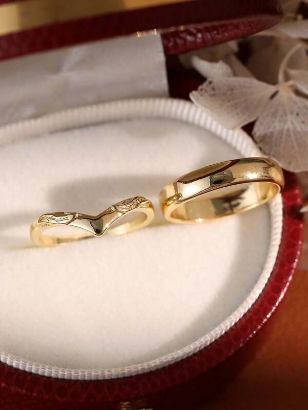 Set de 2 anillos de pareja - Anillo de color dorado simple + Anillo con diseño de alas de ángel, joyería minimalista y de alta gama en color dorado adecuada para parejas