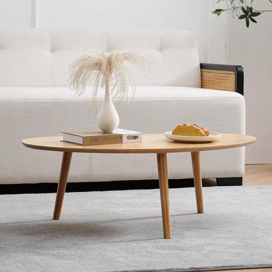 Small Oval Coffee Table, 33.85" Mid Century Modern Coffee Table For Living Room Study Room, Solid Wood Side Table, Center Table (Nature Wood Color, 33.85"Wx18.90"Dx12.40"H) - Natural Oak - Xem 1