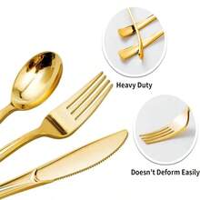 10/25/30/75/150件金色塑料餐具，一次性金色餐具套装，塑料餐具套装。10把金色叉子，10把金色勺子，10把金色刀子，适用于婚礼、派对、生日、节日等场合。 - 金色 - 查看 9