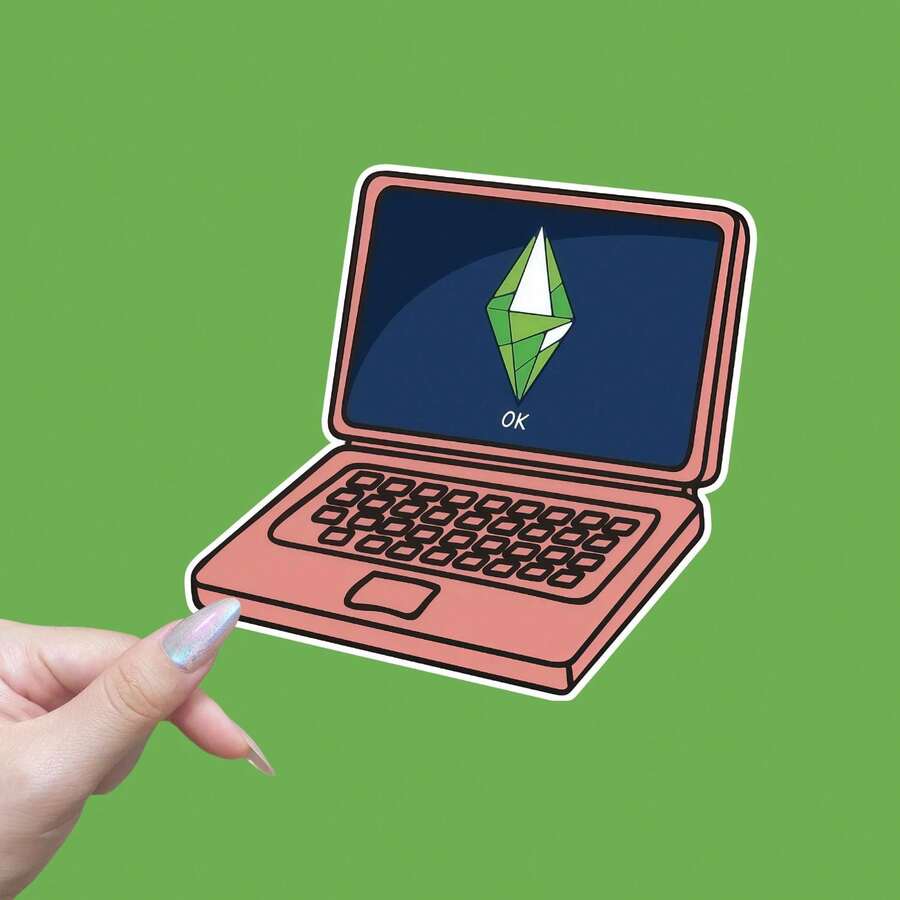 模拟人生“OK”心情乙烯基贴纸 - 自粘哑光饰面，不对称卡通设计，适用于笔记本电脑、汽车、家居装饰 - 适用于玻璃、金属和塑料表面的贴花、笔记本电脑装饰、模拟人生主题装饰 - 彩色 - 查看 1