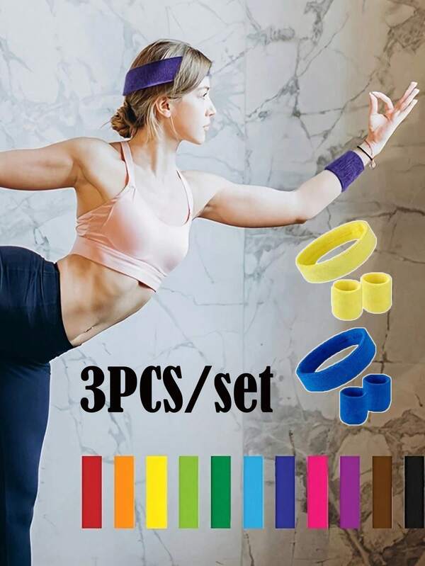 3 pièces/set Bandeau de sport et bracelet absorbant l'humidité et la transpiration. Bandeau de sport en tissu-éponge pour la gym, la course, le basket-ball, le tennis, le yoga, le jogging