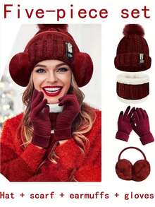 7/5/4/1 Juegos de trajes cálidos a prueba de viento y frío para esquiar, ciclismo, deportes al aire libre, etc. en otoño e invierno. Gorro de lana acolchado, bufanda de punto, guantes de punto, orejeras cálidas, calcetines cálidos, regalos de invierno para mujeres