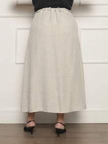 Solid Color Pleated Midi Skirt, Holiday Style, With Button Embellishments And Side Slit, Black Skirt, Plus Size G1 G2 G3 48 50 G2 - Beige - View 5
