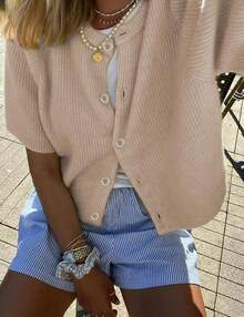 SCUSTY Women's Lightweight Cardigan Short Sleeve Button-Down Summer Cardigan Sweater Fall - Brown - View 10