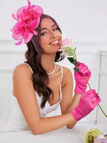 Ibeauti Fascinator Hats With Screentouch Lace Gloves Set Women Tea Party Cocktail Wedding Derby Headwear Short Gloves - 04 Hot Pink 01 - 查看 4