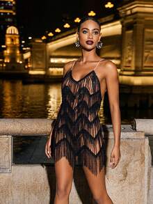 Basrey Strap V-Neck Light And Thin Sequin Fringe Cocktail Dress, Party Dress, Short Skirt Dress, Suitable For Graduation Ceremony, Birthday Party, Cocktail Party,Club Outfits Women Sexy,Birthday Dresses For Women,Vacay Outfits Women - Black - View 4
