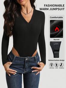 1pc Autumn/Winter Brushed Jumpsuit, V-Neck Button Closure Slimming Casual Yoga Activewear Outerwear Thermal Versatile Women Bodysuit - Black - View 1