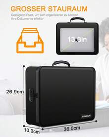 Dokumententasche Dokumentenbox, Feuerfeste Dokumentenmappemit Schloss, Ordner (Sichere Aufbewahrungslösung aus hitzebeständigem Fiberglas (bis 2000°F), 1-tlg., Mit mit 7 Fächern, Passwortschloss, wasserdicht & tragbar), 36 x 10 x 26,9 cm, für Dokumente, Karten, USB u.v.m. - Schwarz - Übersicht 5