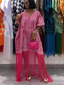 Elegant Pink Stripe Kaftan Dress For Women V Neck Maxi Dress With Fringe Hem And Loose Fit - 彩色 - 查看 2