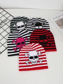 1pc Women's Jacquard Striped Skull Pattern Knit Beanie Hat, Warm & Casual For Halloween Party