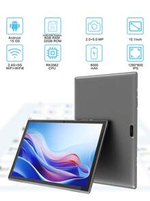 Coopers 10.1 Inch Android 15 Tablet, WIFI Tablet PC, 3GB RAM, 32GB ROM, Support 1TB Expandable, Quad-Core, 2.4G+5G WiFi, Dual Band WiFi6, 2MP + 8MP Dual Camera, 1280 * 800 IPS HD Touch Screen,Wi-Fi, 6000mAh Battery, Support Widevine L1(No Adapter) - Grey - View 2