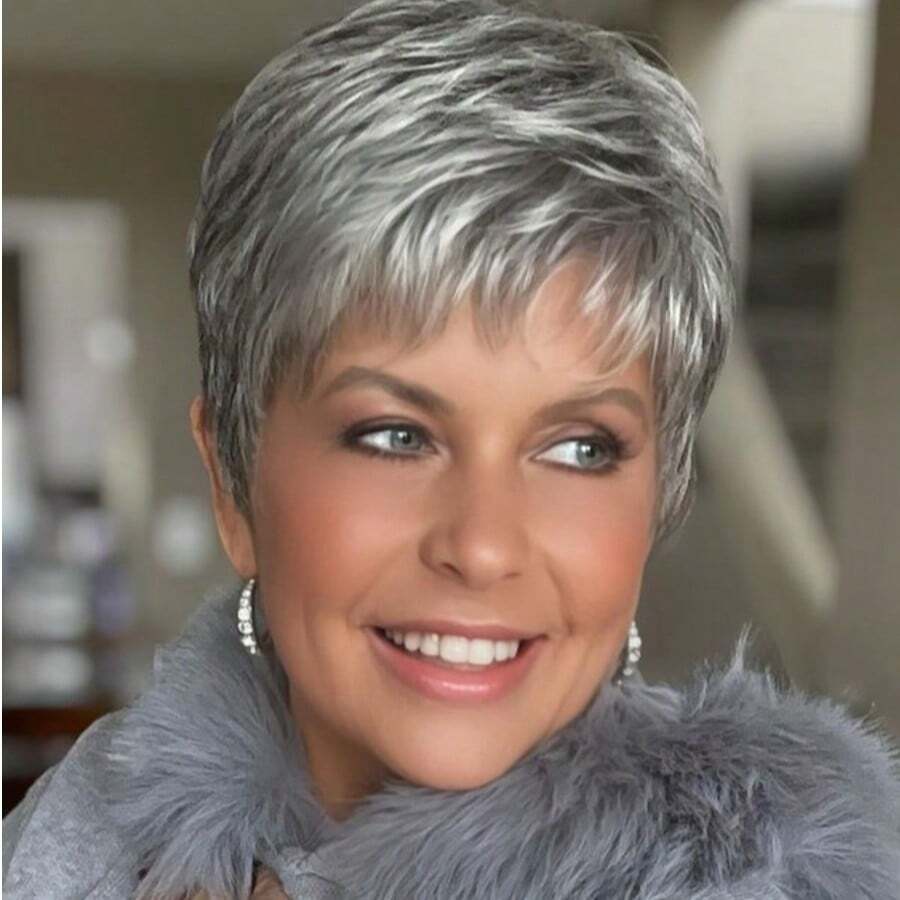 Elegant Pixie Cut Wig With Bangs For Women - Grey Color, 180% Density, Pre-Plucked Brazilian Human Hair, Glueless Layered Style, Versatile Styling & Trimming - 灰 - 查看 1