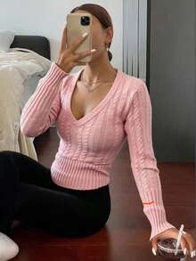 Fashionable & Elegant Women's V-Neck Long Sleeve Fitted Sweater With Cable Pattern