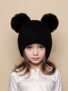 1 chiếc mũ len beanie trẻ em mùa đông, màu trơn, đan len, 2 quả bông, mũ len cho bé unisex, mũ trùm đầu dày ấm mặc hàng ngày - 1PC - Xem 9