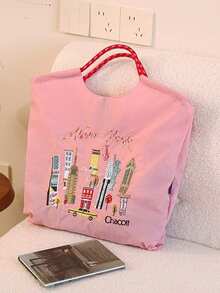 1pc Fashionable Versatile Embroidered Tote Bag, Lightweight Commuter Nylon Organizer Shopper Bag - Multicolor - View 4