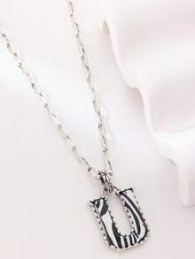 1pc Western Country Style Vintage Textured CCB Multicolor Leopard Print Black & White Plaid 26 Letter Minimalist Pendant Necklace, Sweater Chain