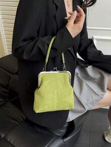 2025秋冬新款时尚复古绒面材质手提包，可拆卸女士单肩包，带纽扣开合钱包。简约绿色斜挎包 - 綠色 - 查看 5