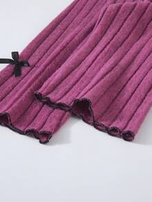 2 piezas Conjunto de sudadera y pantalones de unicolor acanalado informal para niñas, diseño lindo con lazo, suave y dulce, para otoño/invierno