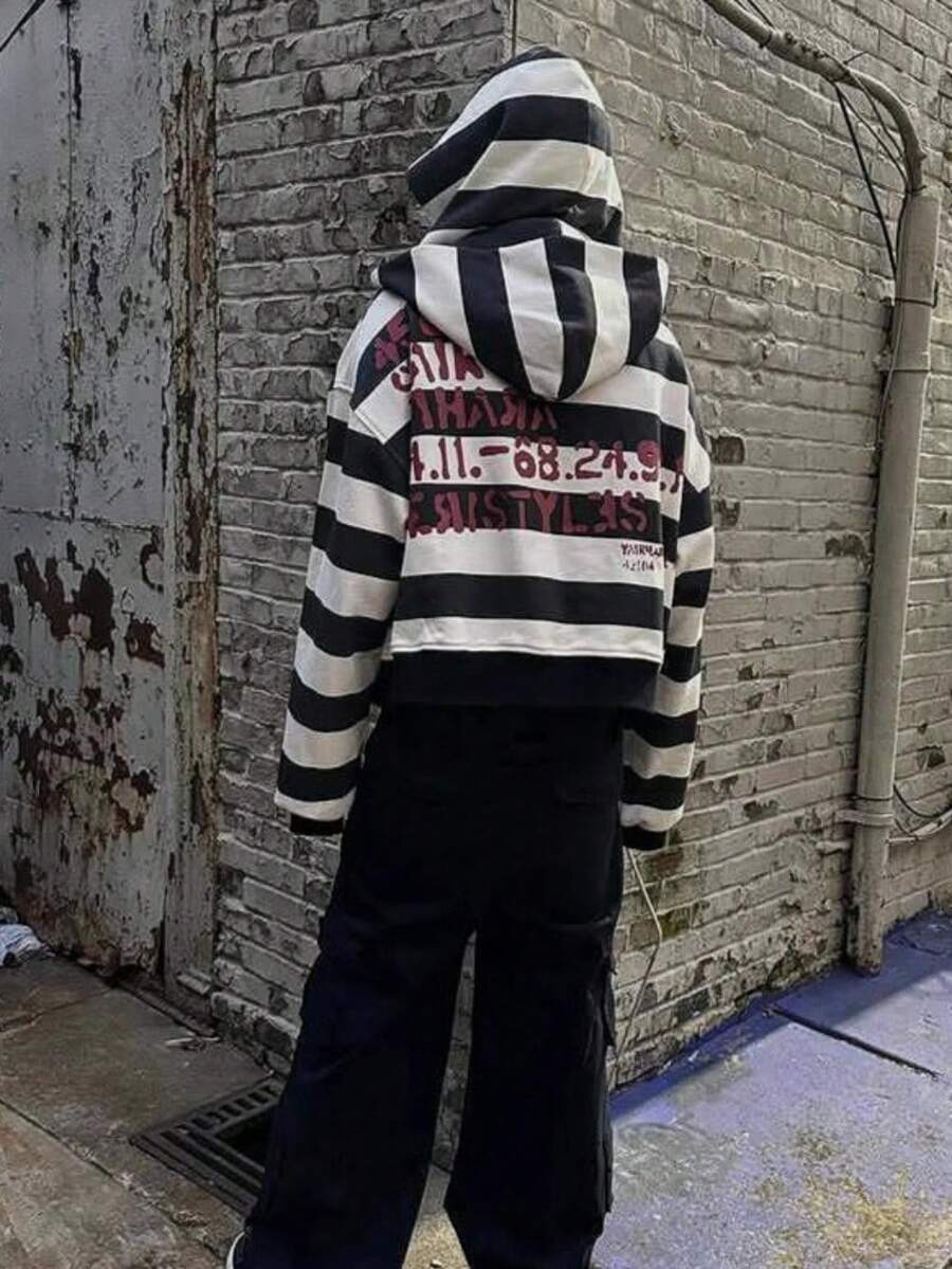 Fall Zip-Up Pullover Hooded Sweatshirt With Multi-Color Design In American Street Hip-Hop Style - Double-Layered Hat With Striped Print - Men's Hooded Sweatshirt