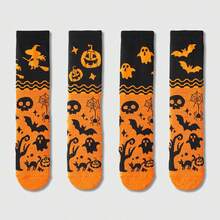 4 Pairs Halloween Themed Crew Socks, Pumpkin, Witch, Ghost, Bat Designs, Funny & Socks, Suitable For Holidays And Gifts, Fall Socks