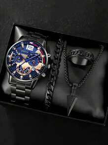 Conjunto de 4 piezas de reloj de cuarzo de moda para hombre - Estilo de negocios con colgante de flecha, pulsera, anillo, reloj de acero inoxidable con pantalla analógica precisa, cómodo, adecuado para uso casual y deportivo - Regalo ideal para él