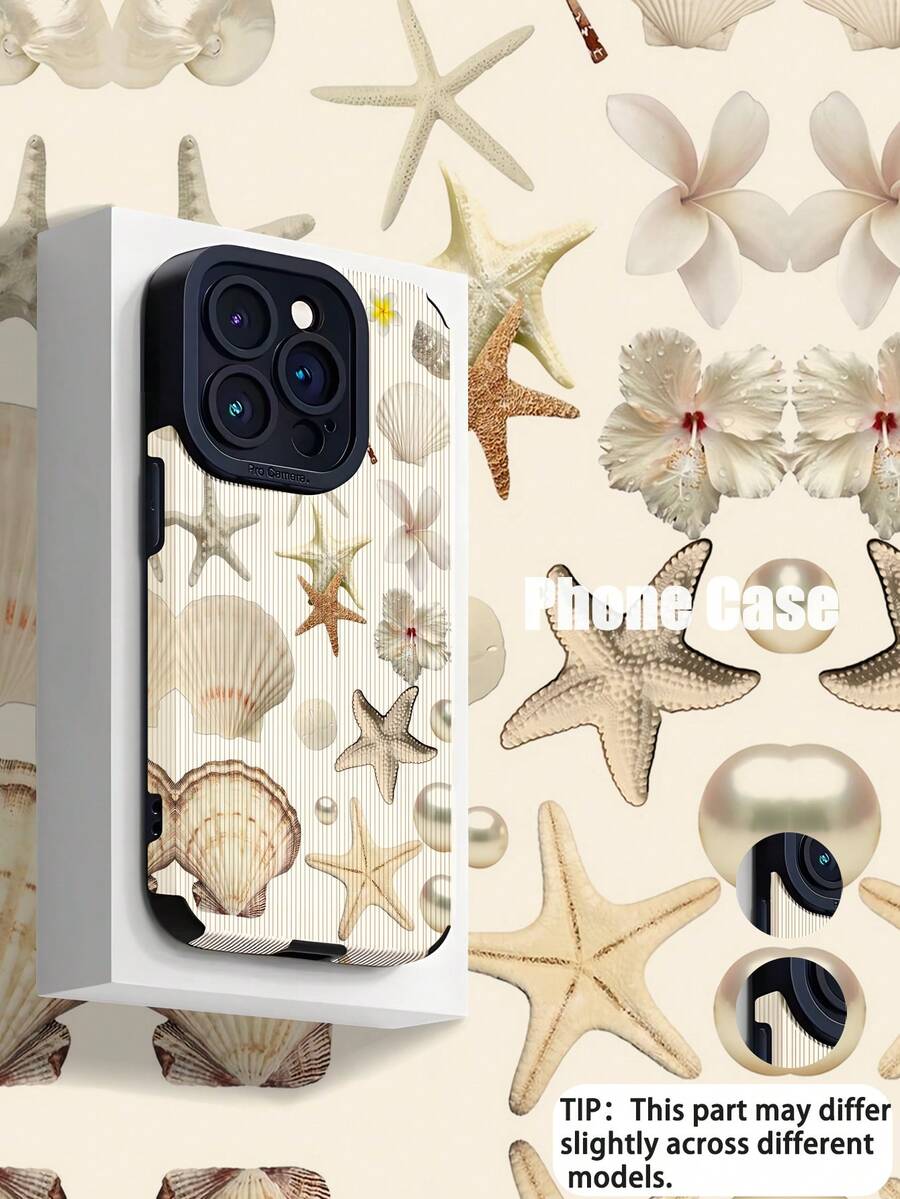 1pc New White Starfish & Shell Faux Pearl Pattern Classic Anti-Drop Soft TPU Phone Case Compatible With Apple And 15/15PLUS/15PRO/15PROMAX Waterproof Shockproof Scratch Resistant - Multicolor - View 1