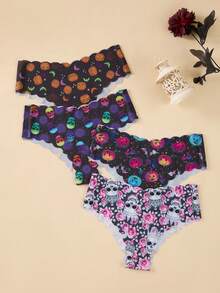 7pcs Halloween Printed Women's Underwear, Comfortable Seamless V-Waist Lifting Wavy Edge Briefs