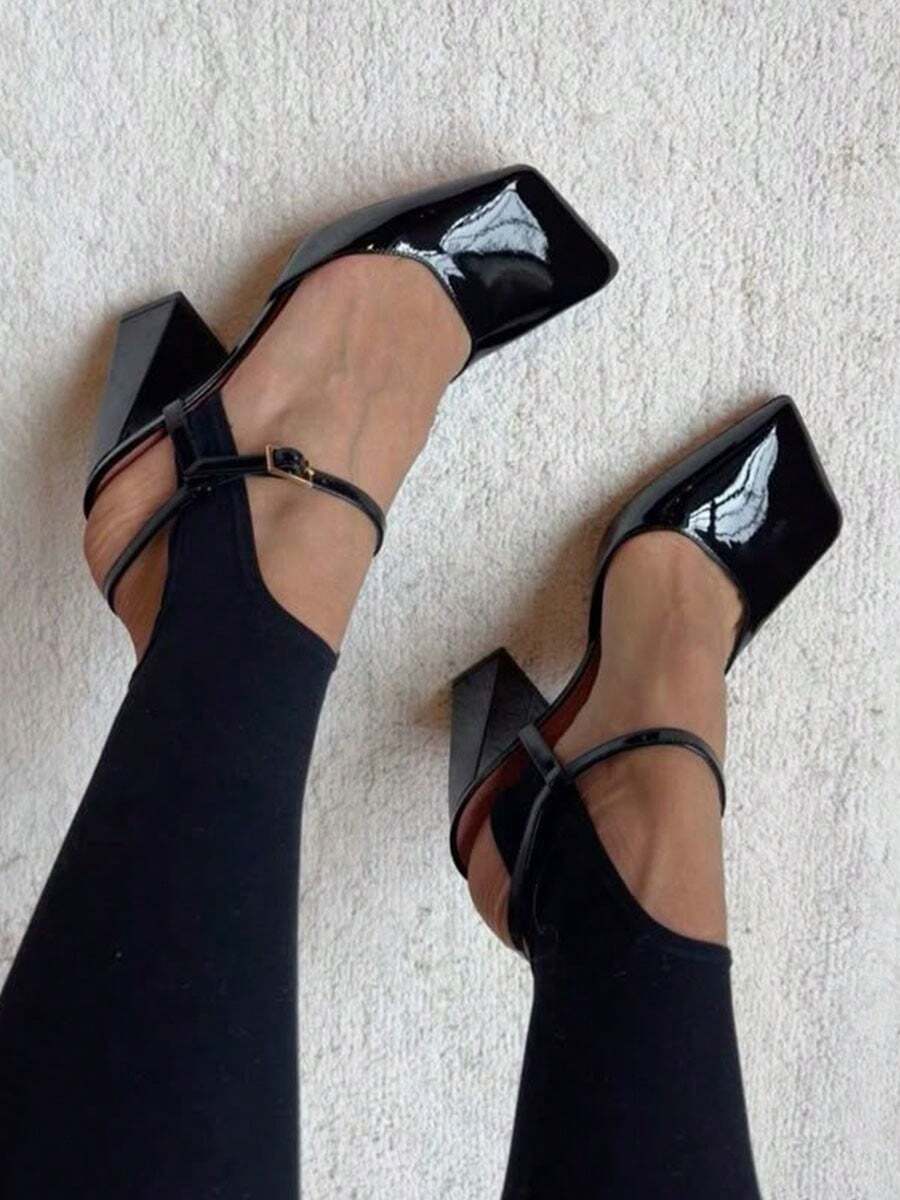 Women Elegant Sandals Square Toe Chunky High Heels Ankle Buckle Strappy Fashion Dressy Backless Versatile Women'S Shoes Summer Autumn - 黑色 - 查看 1