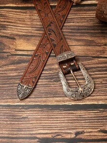 1pc Men's Retro Western Style Carved Metal Buckle Flower Embossed Pattern Belt, A Versatile Decorative Belt For Jeans - Gold Carved Bull Head Buckle - View 4