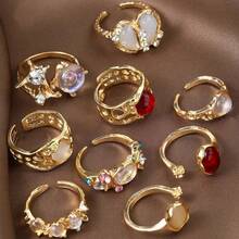 Irregular Shaped Artificial Crystal Open Ring Set, Retro Bohemian Style Stacked Ring Set, Women's Fashionable Jewelry Party Daily Wear Vacation Gift - 9Pcs/Set - 查看 7