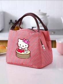 Sanrio حقيبة غداء معزولة بتصميم هالو كيتي - حقيبة غداء كبيرة السعة بنقوش مخططة مع مقابض، صندوق وجبة محتفظ بالحرارة، حاوية غداء مقاومة للتسرب وقابلة للغسيل للطلاب والمدرسة والمكتب أو موسم العودة إلى المدرسة.