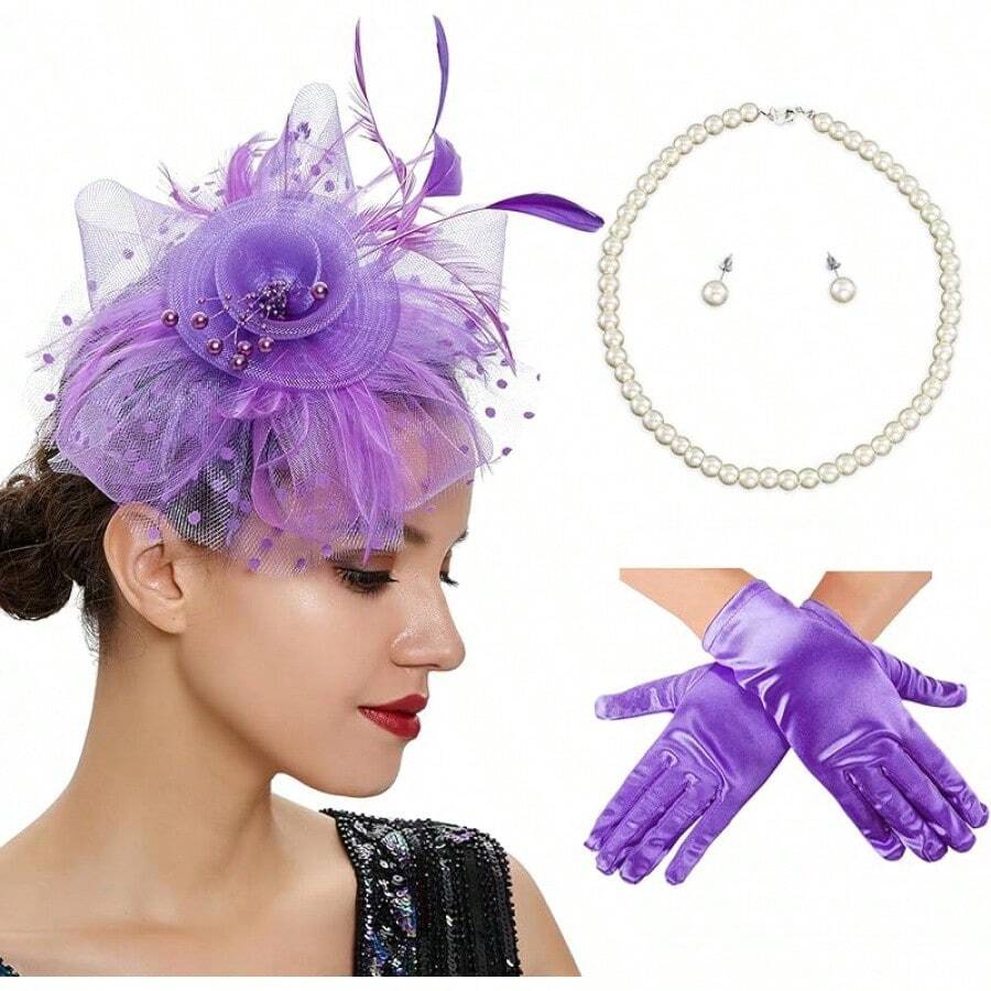 Ibeauti Fascinator Hats With Screentouch Lace Gloves Set Women Tea Party Cocktail Wedding Derby Headwear Short Gloves - 02 紫色 - 查看 1