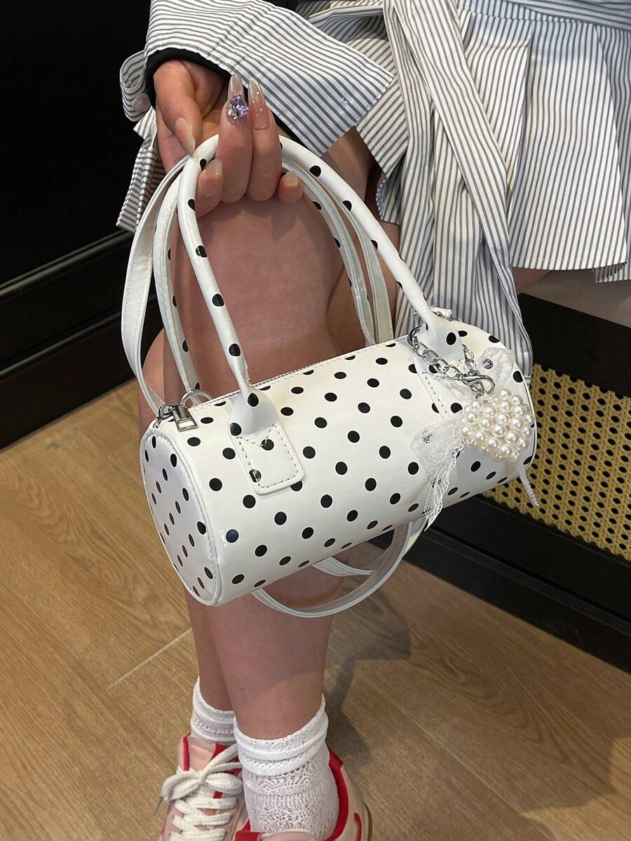 手提波点包2024新款高端撞色圆筒包辣妈百搭时尚通勤手提包爱心吊坠送女友礼物首选