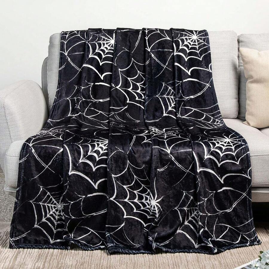 Gothic Spider Web Blanket - Halloween Themed Throw For Goth Room Decor, Black Horror Blanket, Soft Flannel For Couch, Bed, And Haunted Mansion Use - 280 GSM - 彩色 - 查看 1