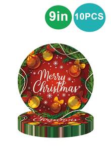 10 قطعة من أطباق وفوط ورقية مجموعة لحفلة عيد الميلاد بألوان أحمر وأخضر، أجراس، شجرة عيد الميلاد، مناسبة لحفلة عائلية بموضوع عيد الميلاد