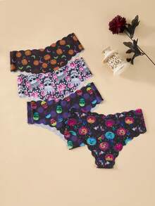 7pcs Halloween Printed Women's Underwear, Comfortable Seamless V-Waist Lifting Wavy Edge Briefs