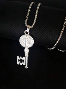 1 件新款欧美时尚男士不锈钢项链，配复古天使翅膀吊坠、圣本笃钥匙吊坠、嘻哈飞机吊坠，适合服装搭配、节日礼物、日常佩戴 - 銀色 - 查看 3