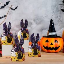 50pcs Halloween Gift Bags, Halloween Packaging Bags, Halloween Candy Bags, Halloween Decorations, Halloween Queue Supplies, 8.66*5.12inch, Cute Black Cat & Rabbit Ear Creative Design, Colorful Halloween Decorations, Suitable For Candy And Gift Packaging, Holiday Decorations