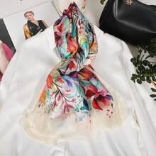100% Mulberry Silk Scarf For Women Lightweight Long Scarves Beach Wraps Cover Up -Travel Photography Scarfhalloween - 橘色 粉紅色 藍色 花 - 查看 2
