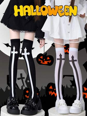 Gothic Cross Themed Over-The-Knee Socks For Halloween Costume, Party, Black And White Cross Print Design
