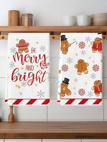 2 件装姜饼图案厨房毛巾可爱圣诞风格洗碗巾厨房擦干洗碗巾