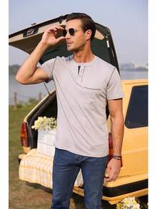 Henley Shirts Slim Fit Button T-Shirthalloween - 淺灰色 - 查看 7