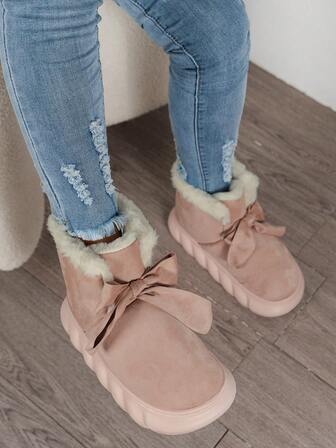 女士秋冬时尚可爱蝴蝶结蓬松保暖雪地靴，防滑，适合室内外穿着