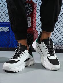 ​Men's Bright White & Black Wellness Lifestyle Sneakers - Green Accent Comfort Shoes For Urban Stroll, Year-Round Everyday Essentials​ - 黑與白 - 查看 5