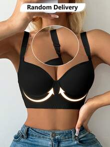 女士黑色舒适无缝深 V 聚拢可调节文胸运动美背文胸 - 黑色 - 查看 7