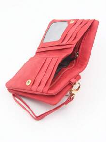 红色短款双拉链钱包，复古高品质哑光PU皮革腕包，小巧方形包，可折叠可扩展，多卡位紧凑型票据夹，派对礼物，礼品，礼品卡夹 - 酒紅色 - 查看 7