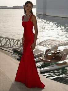 Basrey Red Spaghetti Strap High Waist Fitted Backless Bridesmaid Dress, Mermaid Long Gown, Suitable For Weddings, Bachelorette Parties, Vacations, Galas, Brides, White Dresses - Red - View 4