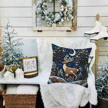 1 pieza Funda de almohada con impresión plana 2D de escena navideña con nieve, serie de paisajes nocturnos y nevados con bordado no real, casa cálida con montaña nevada, renos, muñeco de nieve y escenario de pueblo impreso, funda de almohada decorativa navideña de invierno cálido para sofá, decoraciones navideñas, artículos de funda de almohada navideña, decoraciones de ambiente navideño, funda de almohada navideña 2026