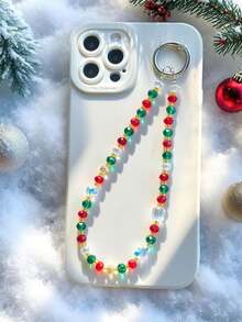 1pc Christmas Element Red & Green Glass Beaded Phone Lanyard, Phone Keychain Pendant, Suitable For Party, Wedding Gift