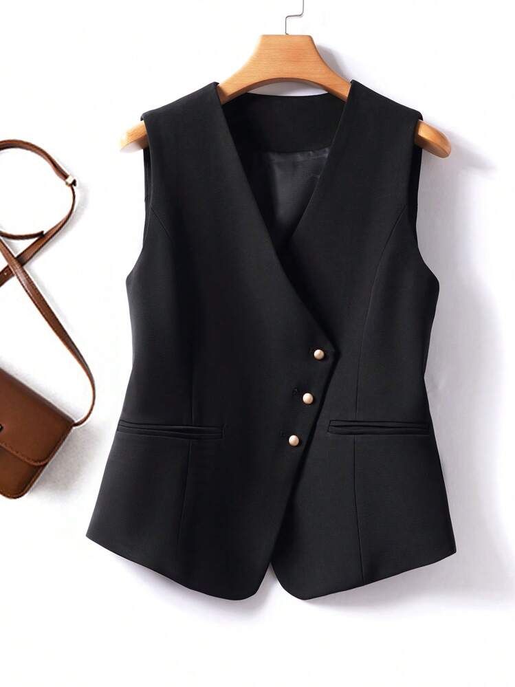 Solid Color Women's V-Neck Camisole, Slim Fit Elegant Commuter Outfit, Fashionable For Spring & Autumn - Black - View 1